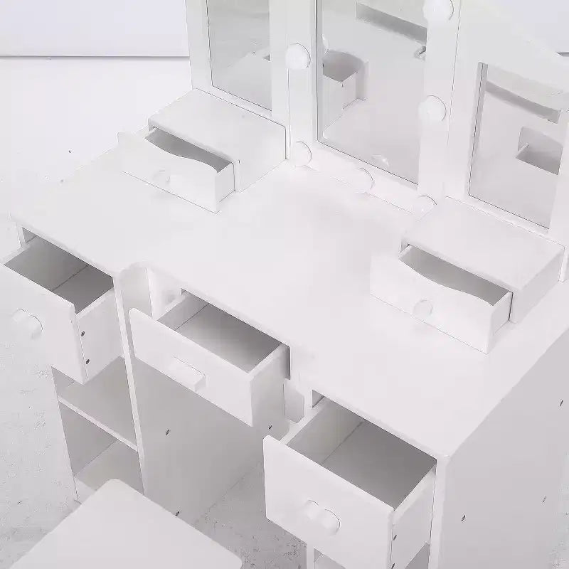 Coiffeuse pour filles avec miroir triptyque Table de maquillage et tabouret en bois 2-en-1