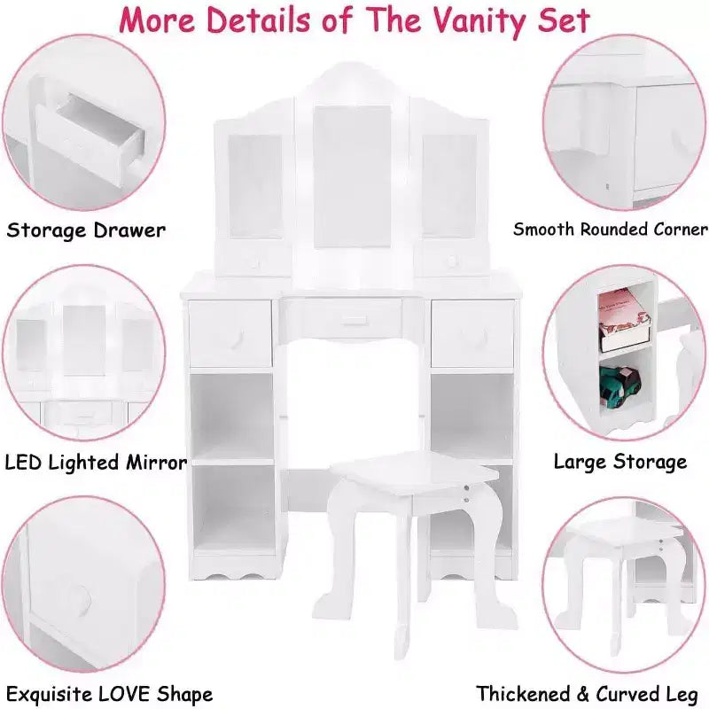 Coiffeuse pour filles avec miroir triptyque Table de maquillage et tabouret en bois 2-en-1