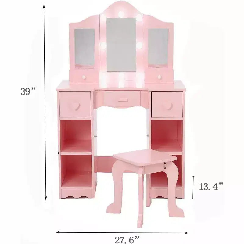 Coiffeuse pour filles avec miroir triptyque Table de maquillage et tabouret en bois 2-en-1