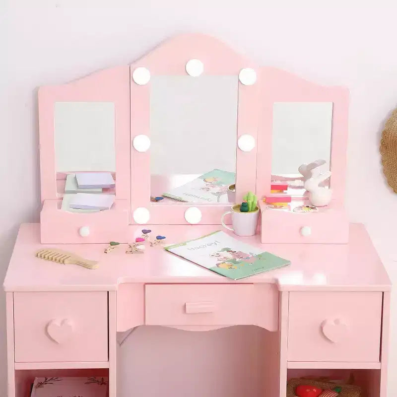 Coiffeuse pour filles avec miroir triptyque Table de maquillage et tabouret en bois 2-en-1