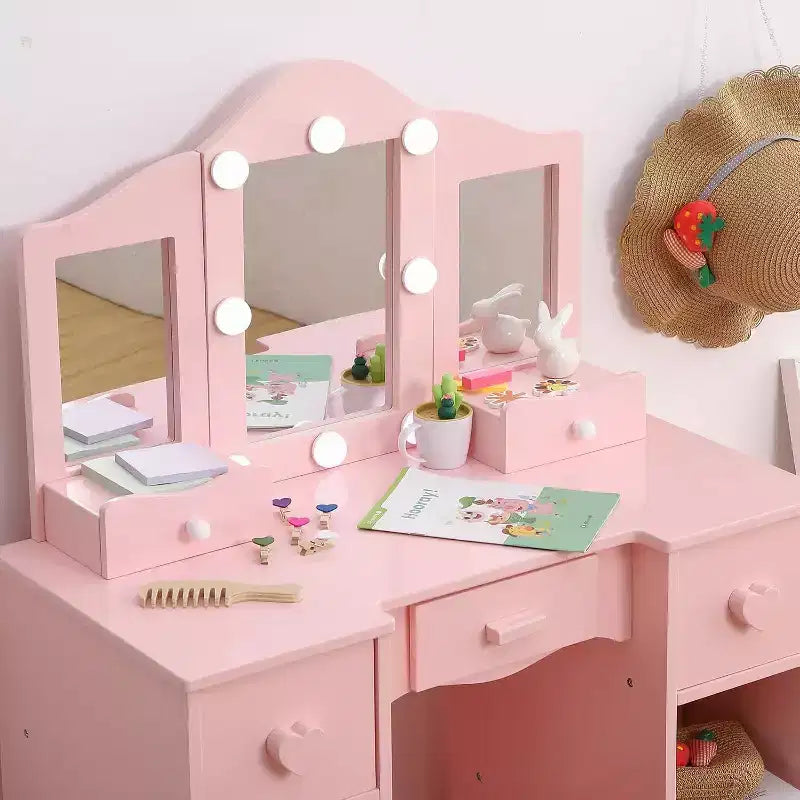 Coiffeuse pour filles avec miroir triptyque Table de maquillage et tabouret en bois 2-en-1