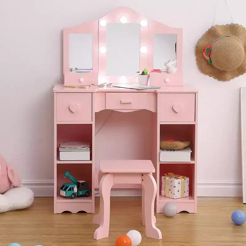 Coiffeuse pour filles avec miroir triptyque Table de maquillage et tabouret en bois 2-en-1
