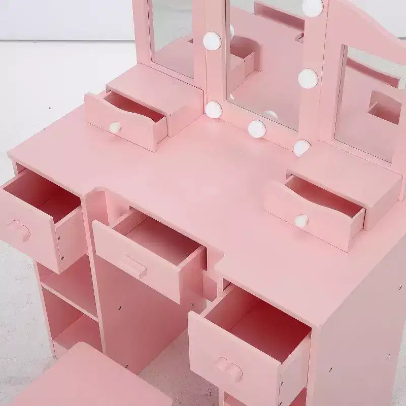 Coiffeuse pour filles avec miroir triptyque Table de maquillage et tabouret en bois 2-en-1