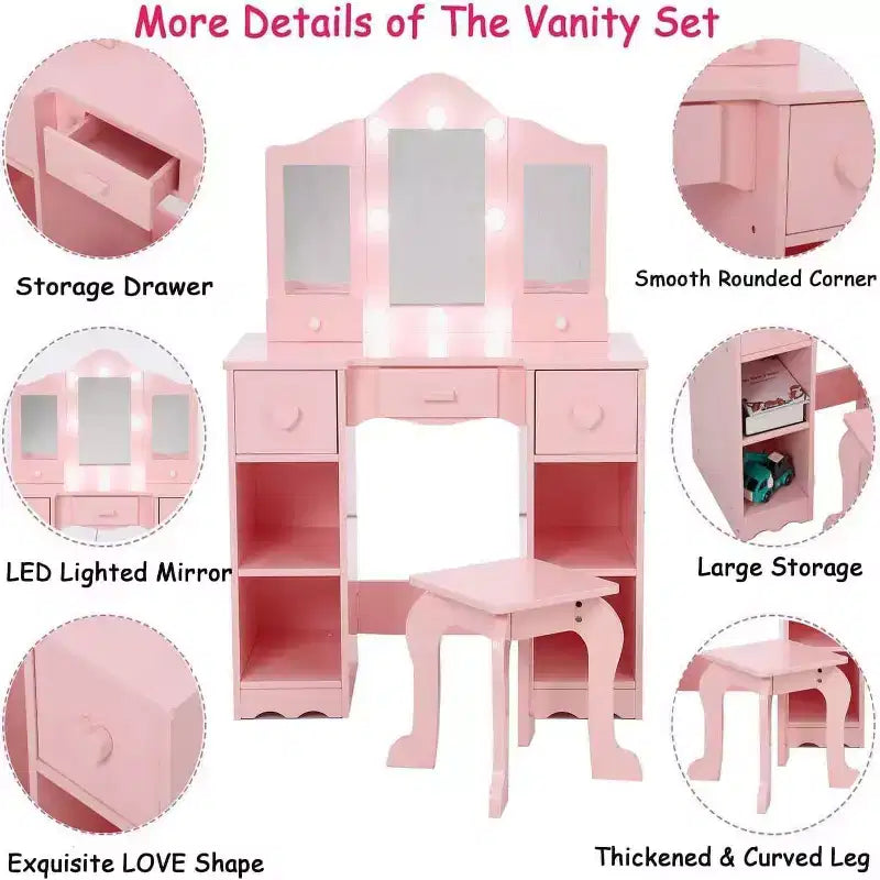 Coiffeuse pour filles avec miroir triptyque Table de maquillage et tabouret en bois 2-en-1