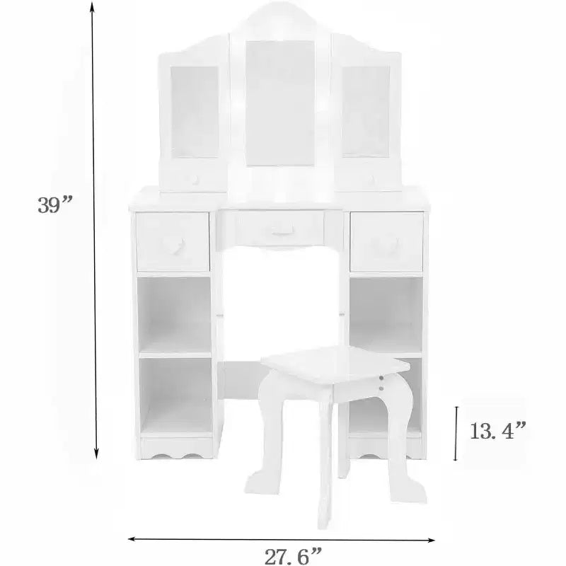 Coiffeuse pour filles avec miroir triptyque Table de maquillage et tabouret en bois 2-en-1