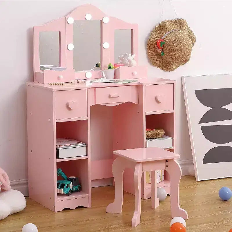Girls Vanity Set with Tri-Fold Mirror 2-in-1 Wooden Dressing Table and Stool Princess Pretend Play Makeup Desk with Drawer for Little Girls