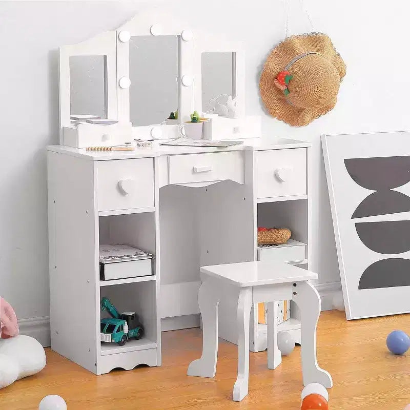 Coiffeuse pour filles avec miroir triptyque Table de maquillage et tabouret en bois 2-en-1