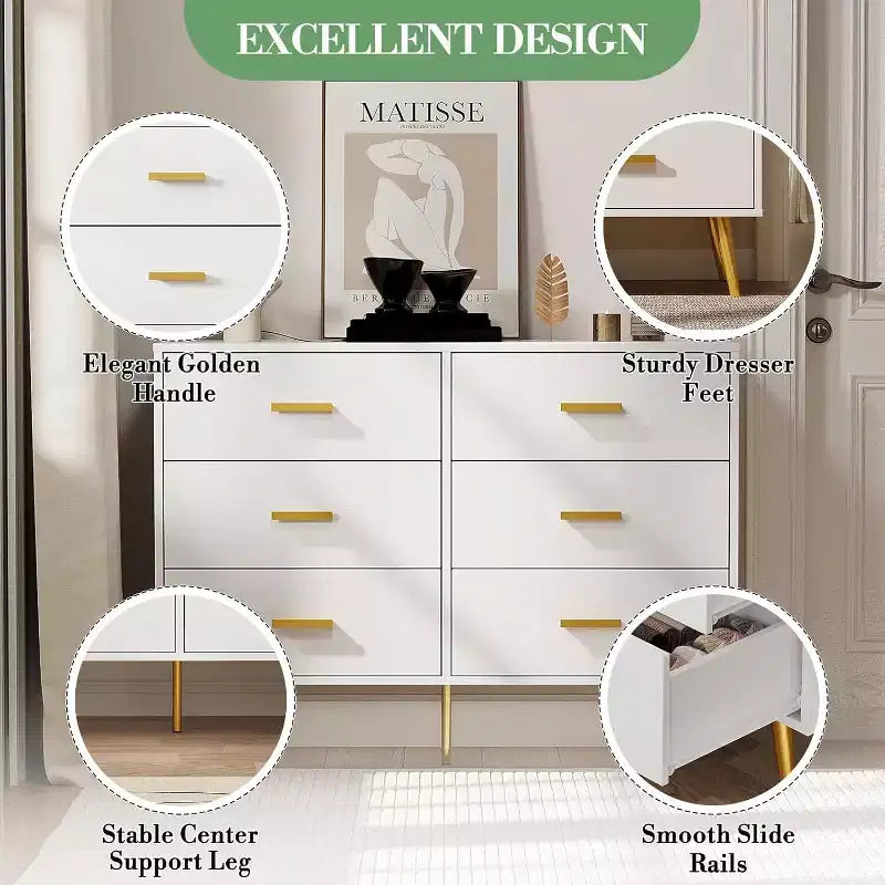 Commode à 6 tiroirs, meuble de rangement moderne