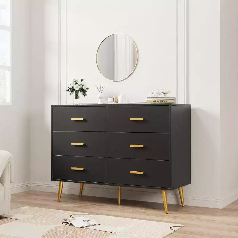 Acekool 6 Drawer Dresser Modern Chest with Gold Handles and Legs Storage Cabinet for Bedroom or Living Room