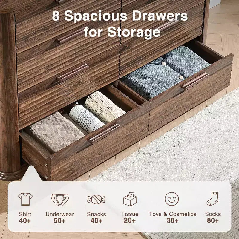 Commode moderne en bois avec 8 tiroirs au design incurvé