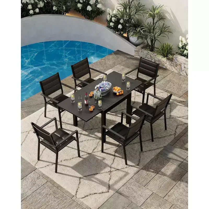 Extendable Dining Table Set for 4-6 Persons - 31.5-63 Inch 3-Second Quick Expand Patio Table Sturdy Aluminum Tabletop Black Outdoor Furniture